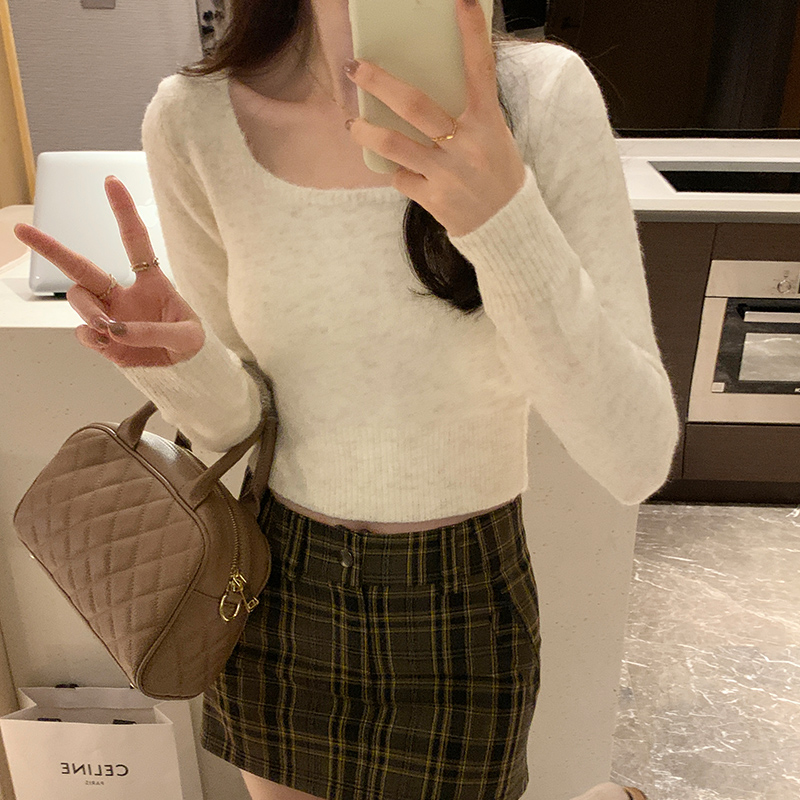 针织衫女秋季2023新款方领短款软糯套头小个子长袖上衣