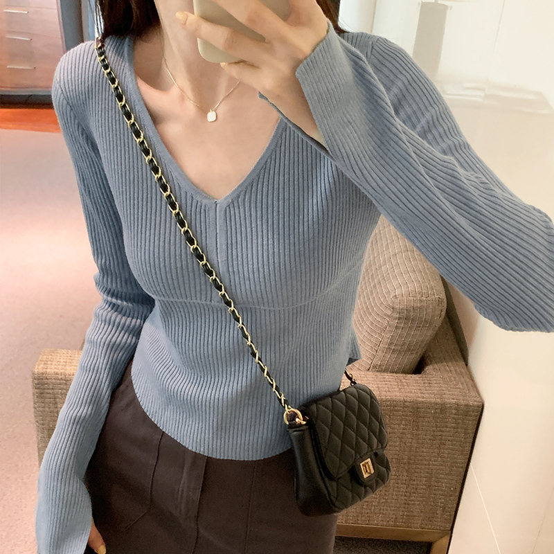 设计感小众V领收腰修身高腰百搭上衣坑条修身毛衣短款显瘦