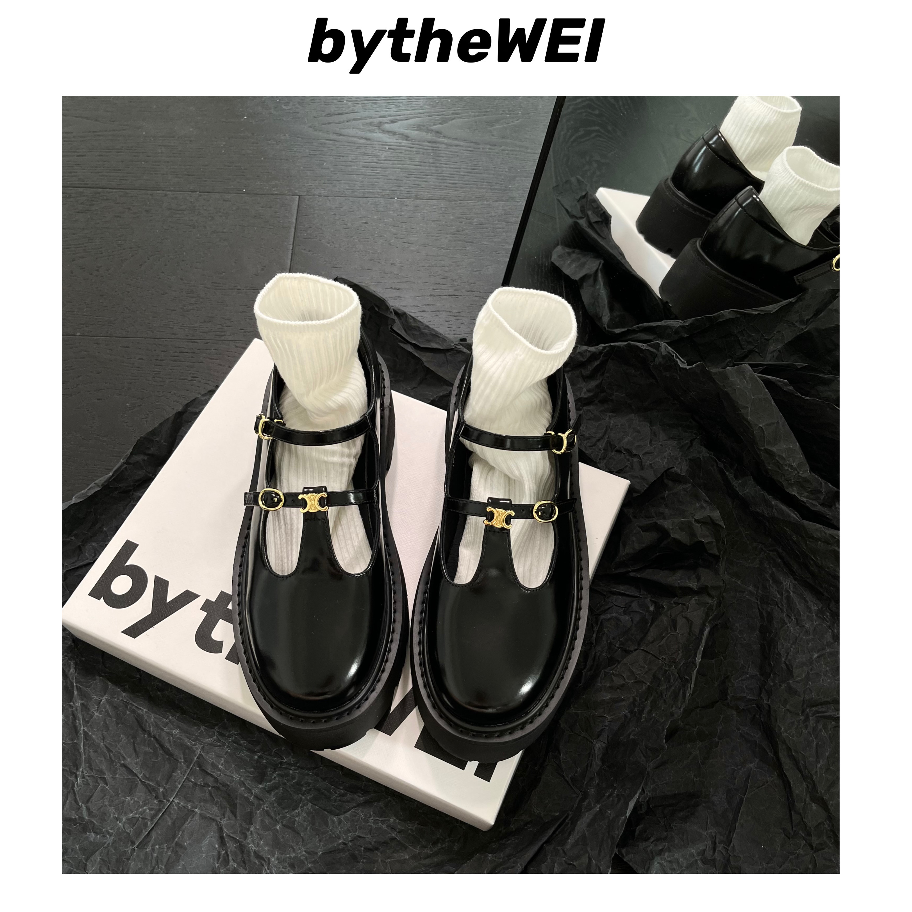 bytheWEI复古金属扣真皮玛丽珍鞋圆头搭扣厚底女鞋增高小皮鞋单鞋
