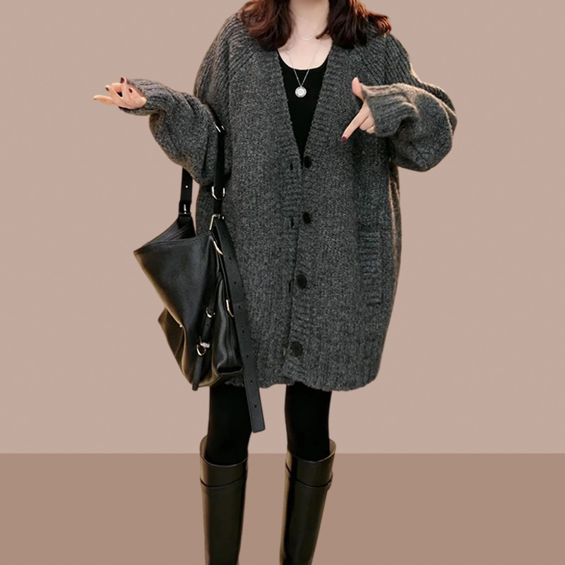 灰色中长款针织开衫女2023秋冬洋气上档次韩版慵懒风毛衣大码宽松