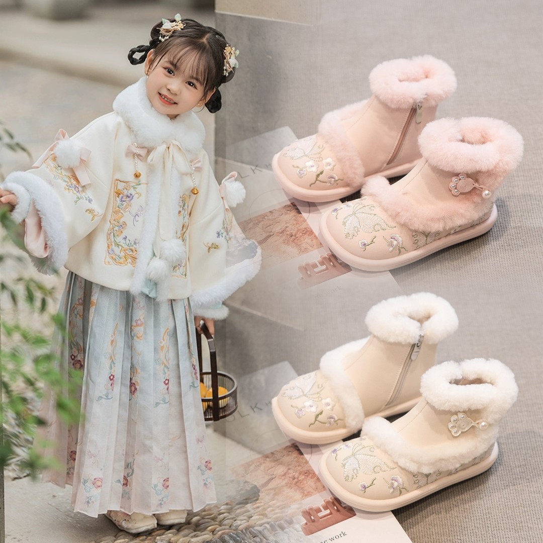女童汉服鞋2023冬季新款儿童鞋子大棉鞋女宝加绒加厚绣花鞋秋冬款