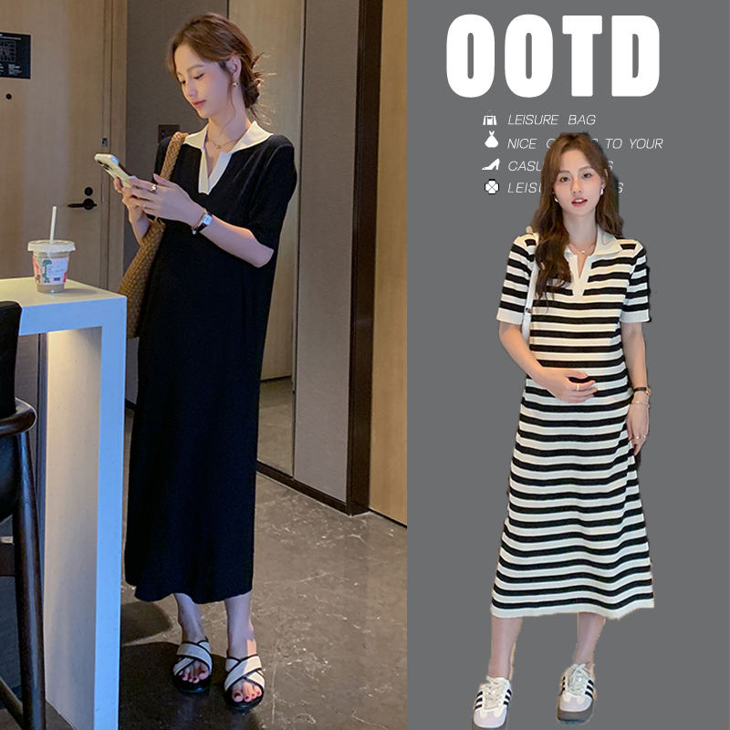 孕妇装新款孕妇春夏装翻领中长款宽松显瘦条纹过膝时尚连衣裙