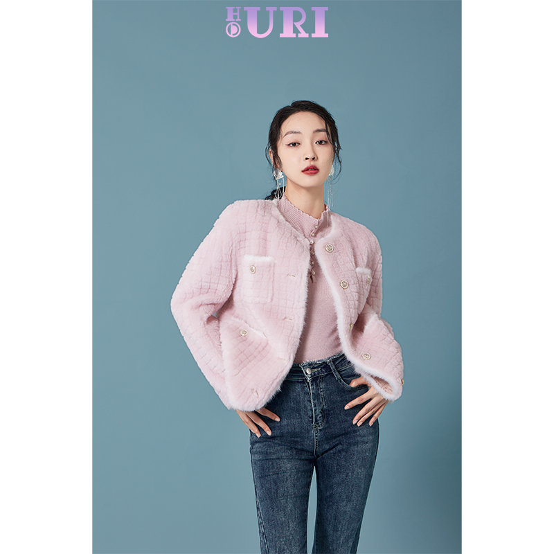 HOURI海蕾琳外套女2024冬季新款时尚通勤高级感圆领撞色上衣