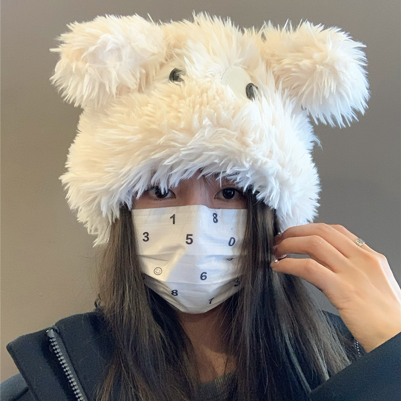 可爱搞怪风女眼睛长耳朵加厚套头帽秋冬保暖毛绒狗熊帽子个性网红