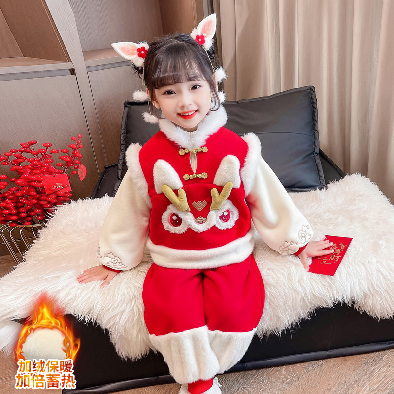 女童秋冬款加绒唐装拜年新年服儿童唐装新款元旦童装表演服两件套