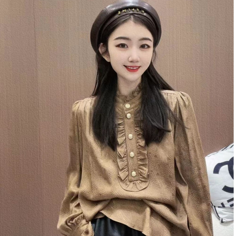 【刘纯服饰】底纹印花木耳边桑蚕丝上衣