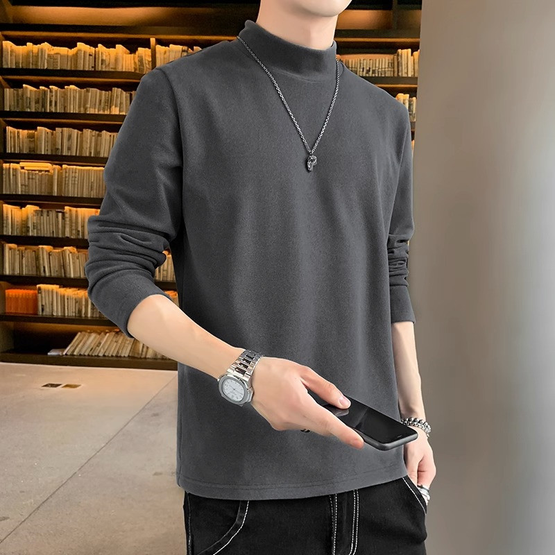 发热打底衫双面绒中领保暖纯色春秋冬季加厚男半高领长袖T恤内衣