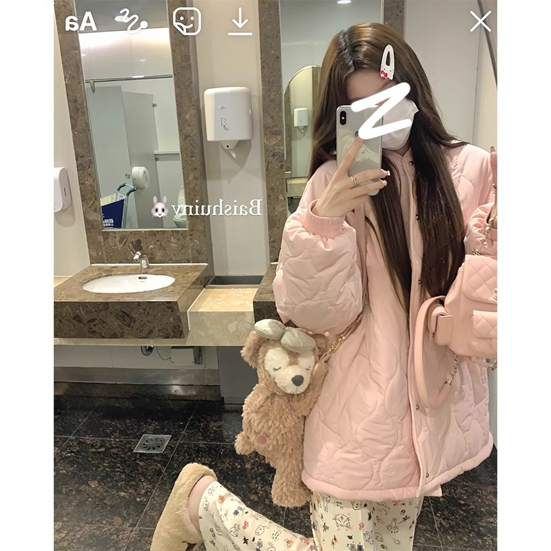 粉色菱格棉服女2023冬季新款小个子韩系宽松加厚保暖百搭棉衣外套