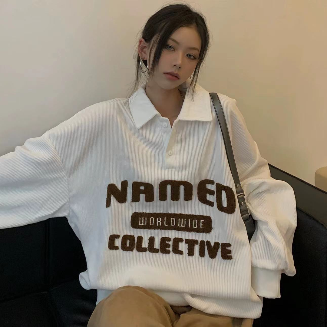 polo领字母印花美式套头卫衣女潮秋冬宽松加绒保暖长袖休闲上衣