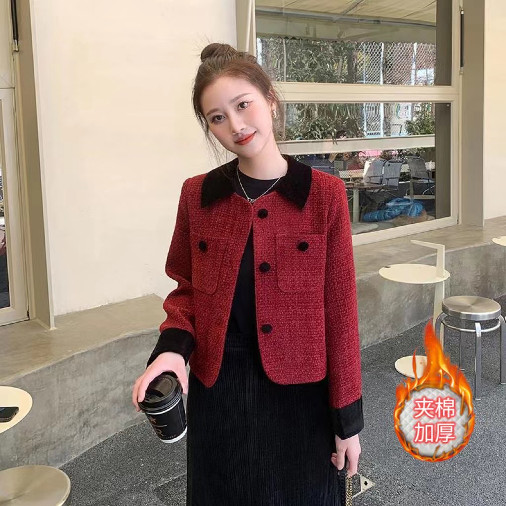 法式小香风高级外套女秋冬装新款气质名媛红色时尚毛呢百搭RO316