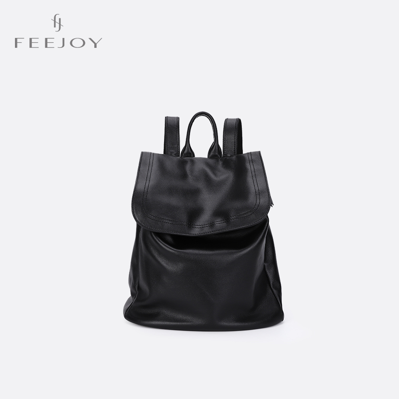 FEYJOY2023新款黑色简约牛皮双肩包百搭大容量实用休闲旅行背包