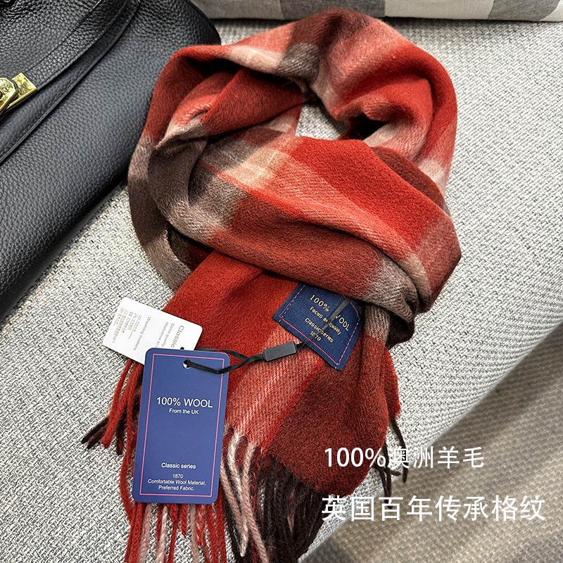 Miss Silas100%澳洲羊毛格子圣诞红色围巾男女情侣款秋冬保暖围脖