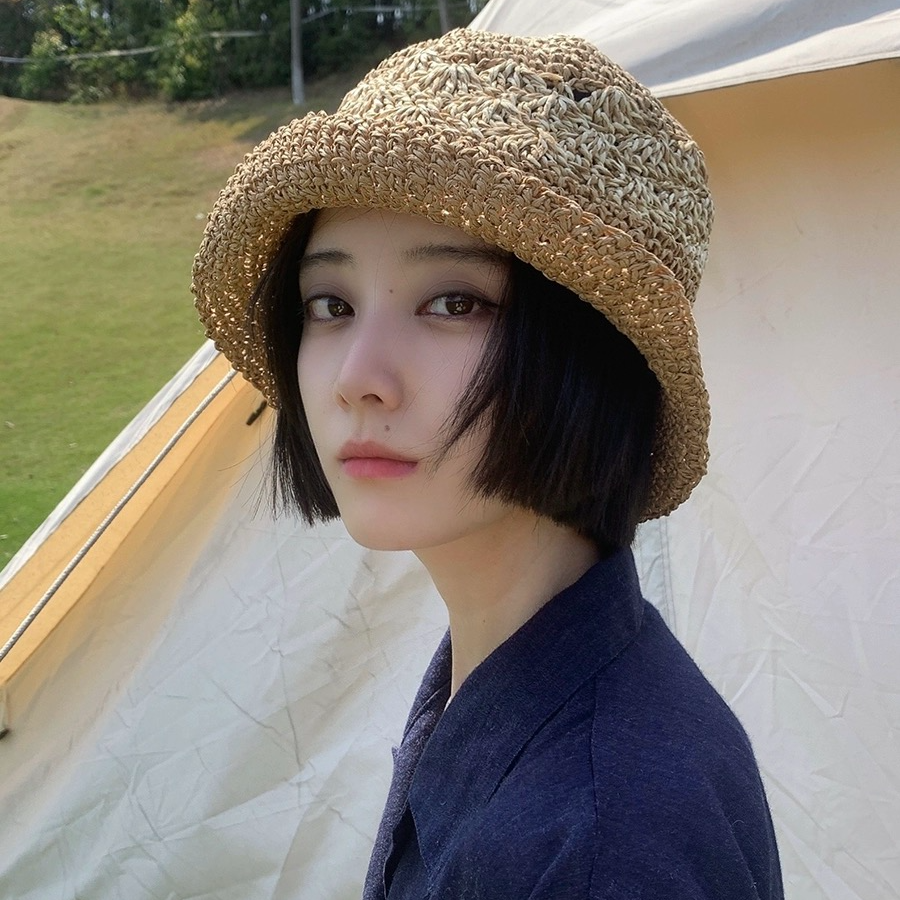 AMOS ROBIN日系编织草帽女春夏花纹卷边遮阳帽度假百搭水桶帽盆帽