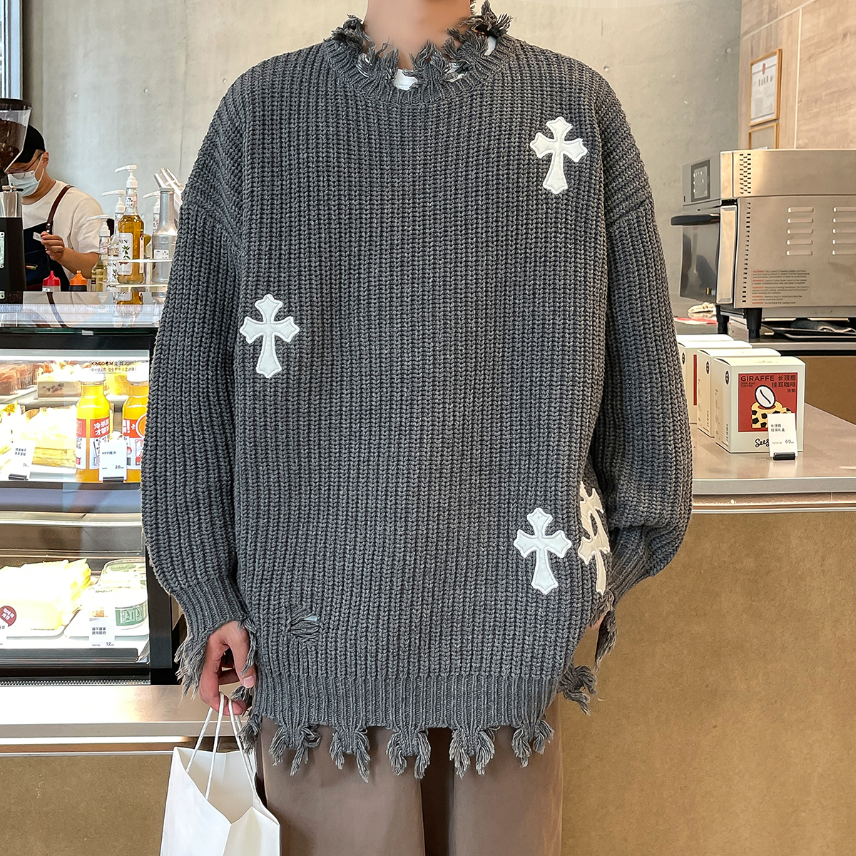 秋冬款克罗心毛衣秋季时尚潮流宽松男士毛衣绣花外套潮牌针织衫