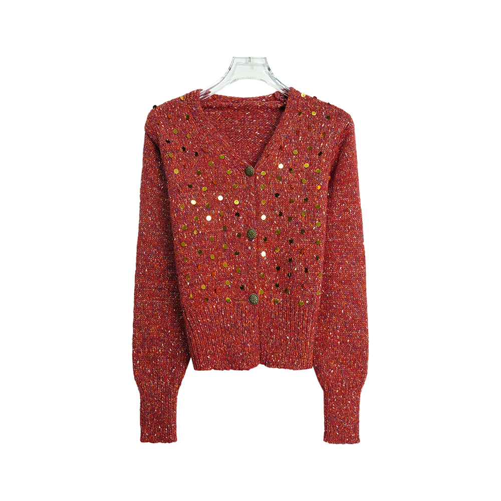 HY6941【上新】亮片V领复古慵懒风开衫毛衣设计感短款单排扣上衣3D