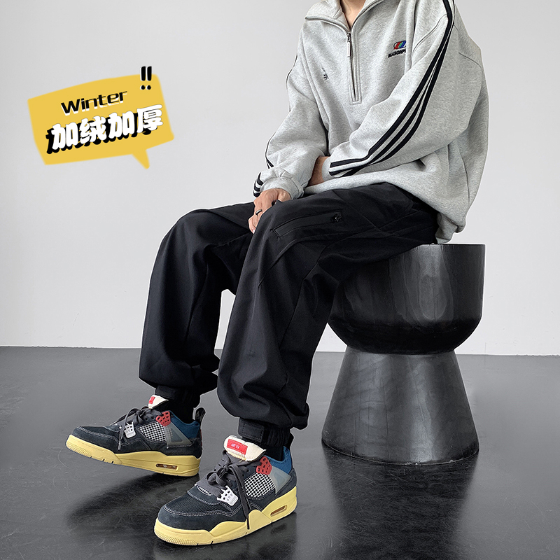 男士2023冬季加绒加厚潮牌大码休闲裤男生宽松束脚运动青