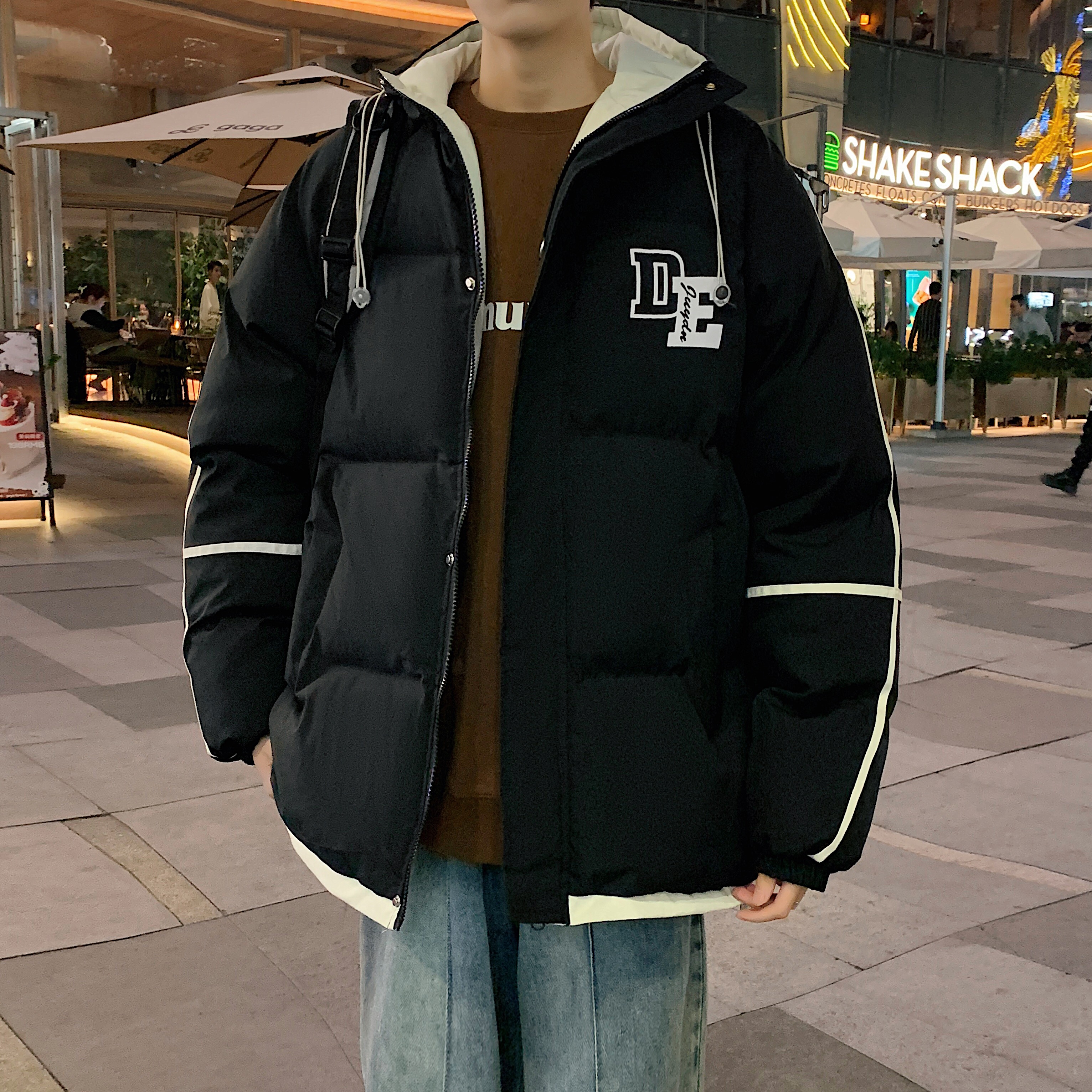 连帽棉服男冬季新款加厚保暖宽松百搭潮流青少年大码字母棉服袄子