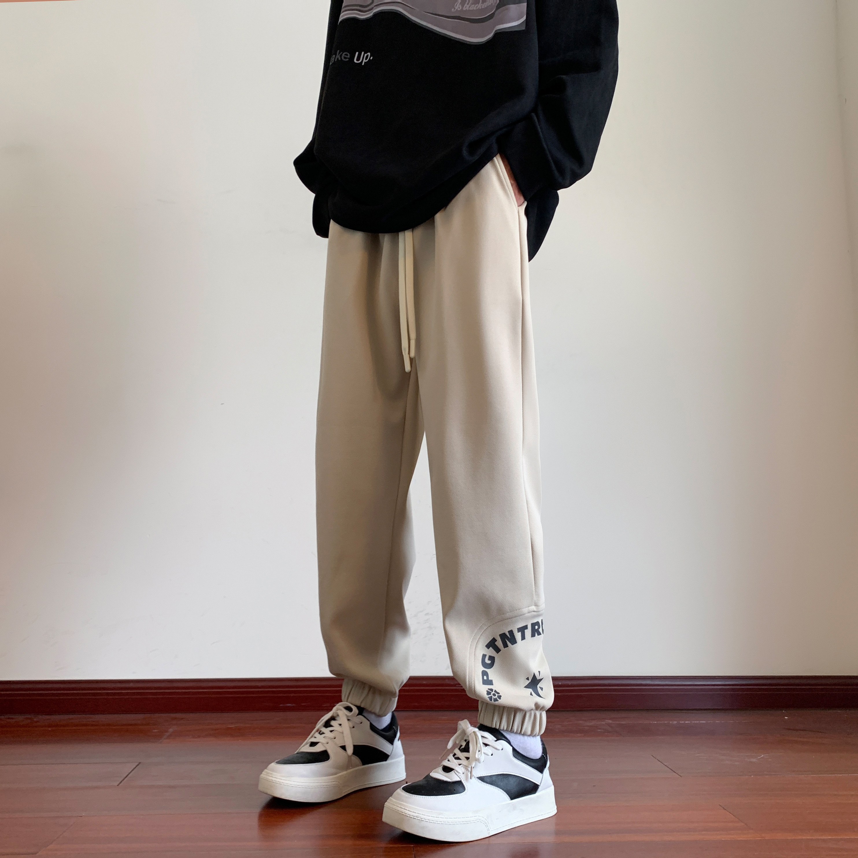 2023新款休闲裤子男春秋季宽松百搭潮流ins港风菠萝格印花束脚裤