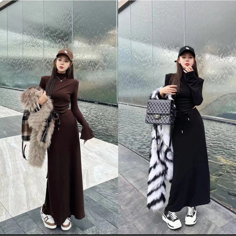 依美丁tz05韩系百搭柱子领褶皱上衣高腰显瘦气质时尚长裙磨毛套装