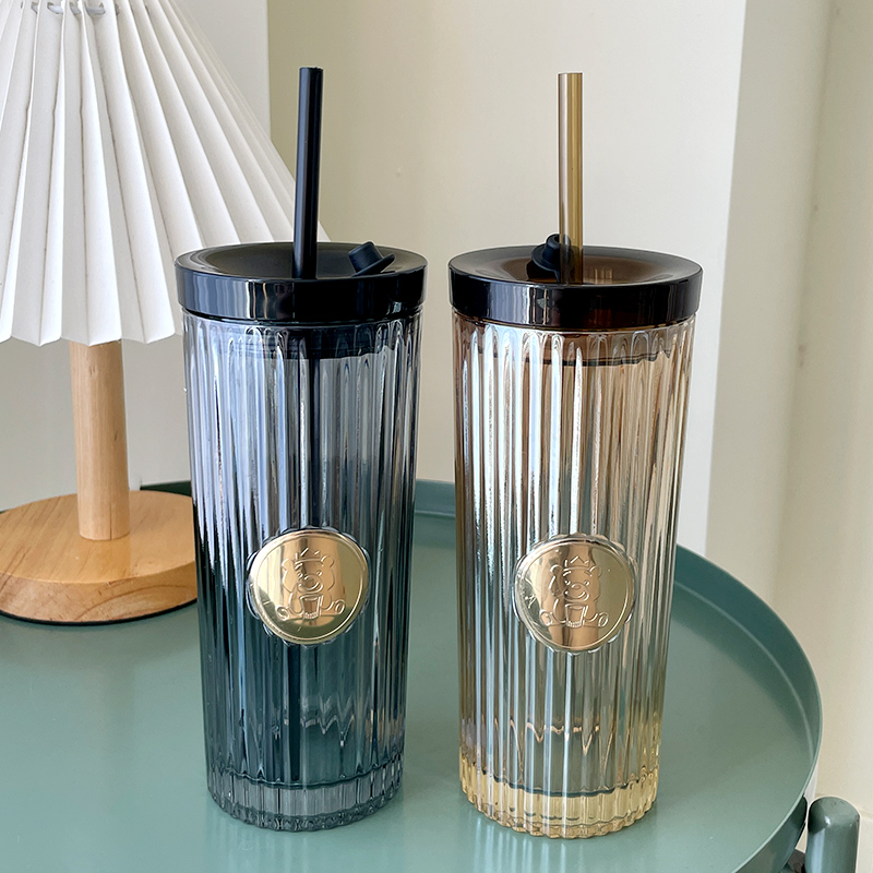 玻璃杯高颜值带盖吸管杯咖啡牛奶杯竖纹直身水杯喝冷饮果汁杯子