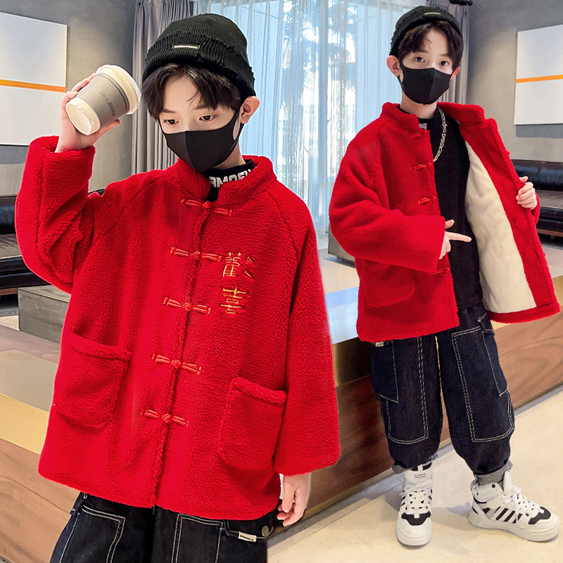 男童加绒汉服儿童外套冬款2023新款男孩唐装冬季国风喜庆毛毛衣潮
