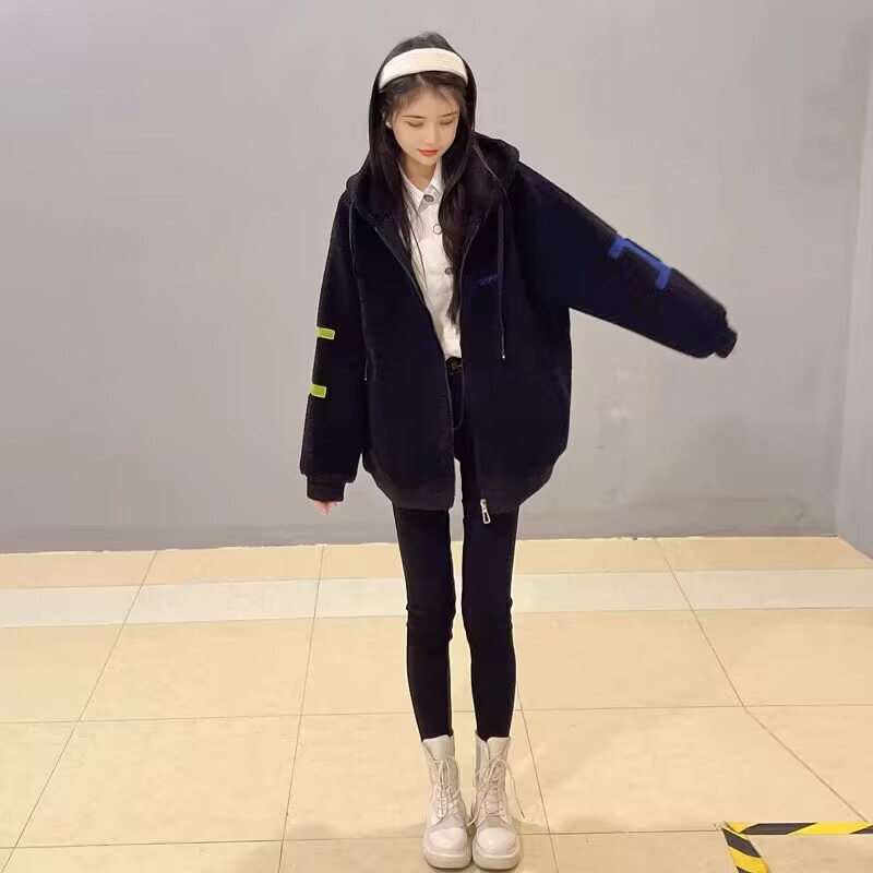 【Y003】品牌撤柜韩版羊羔绒皮毛一体连帽款宽松减龄外套
