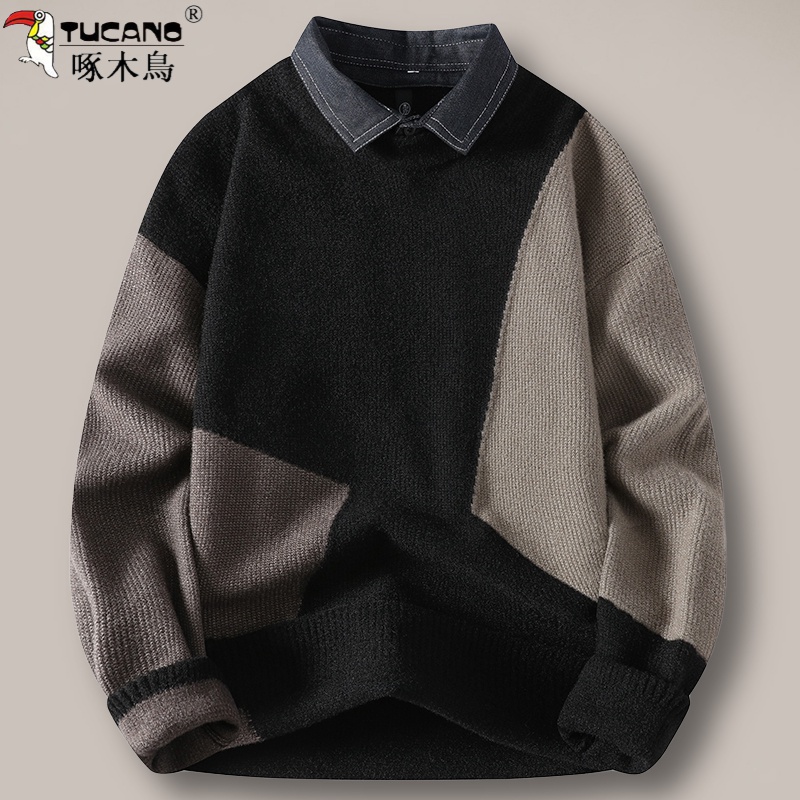 TUCANO/啄木鸟假两件毛衣秋冬青少年学生衬衫领套头保暖毛衣男外