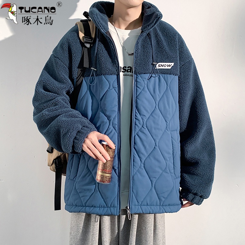 冬季新款男士摇粒绒外套羊羔绒拼接棉衣男秋冬加厚保暖立领棉衣