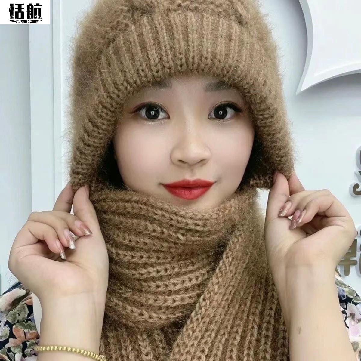 新店开业帽子围巾一体加厚风雪帽秋冬加绒毛线编织保暖帽挂脖围脖