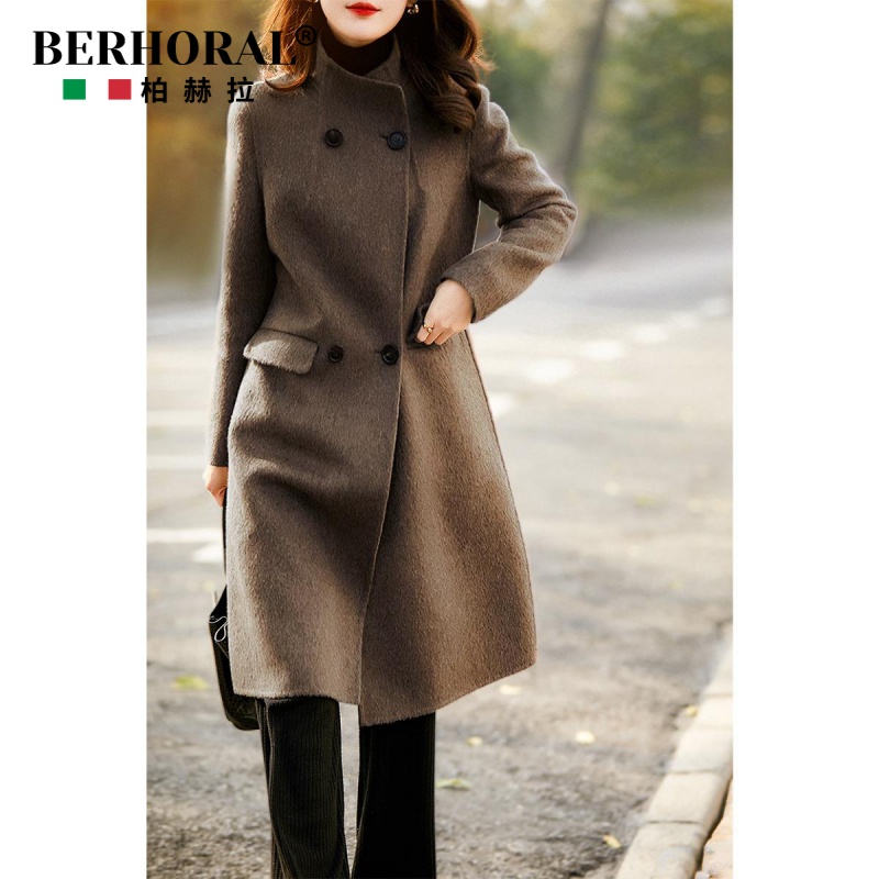 现货新款双面呢气质涵养双排扣系带大衣女