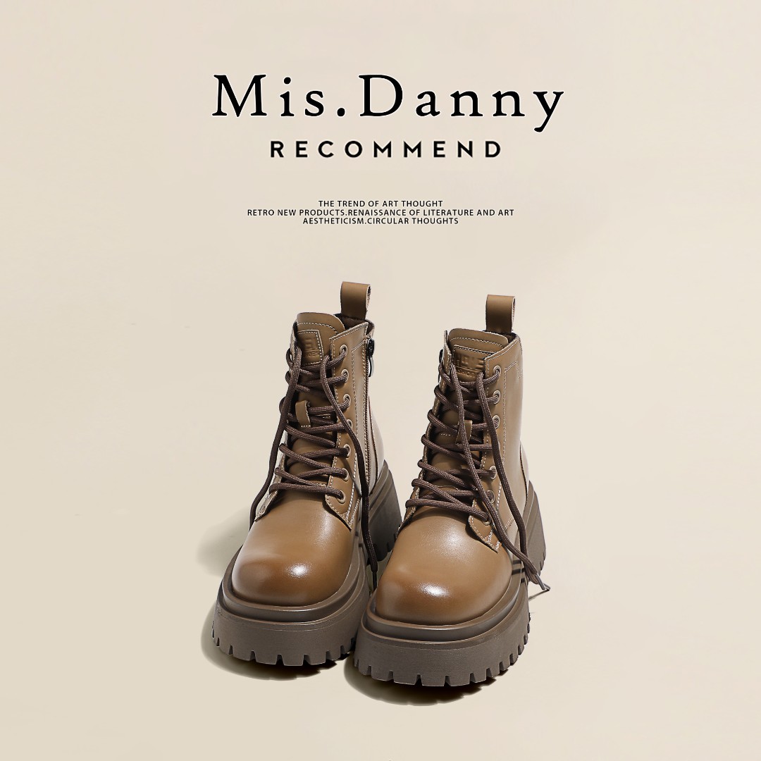 Mis.Danny马丁靴女2023新款爆款厚底英伦棕色真皮秋季靴子女短靴