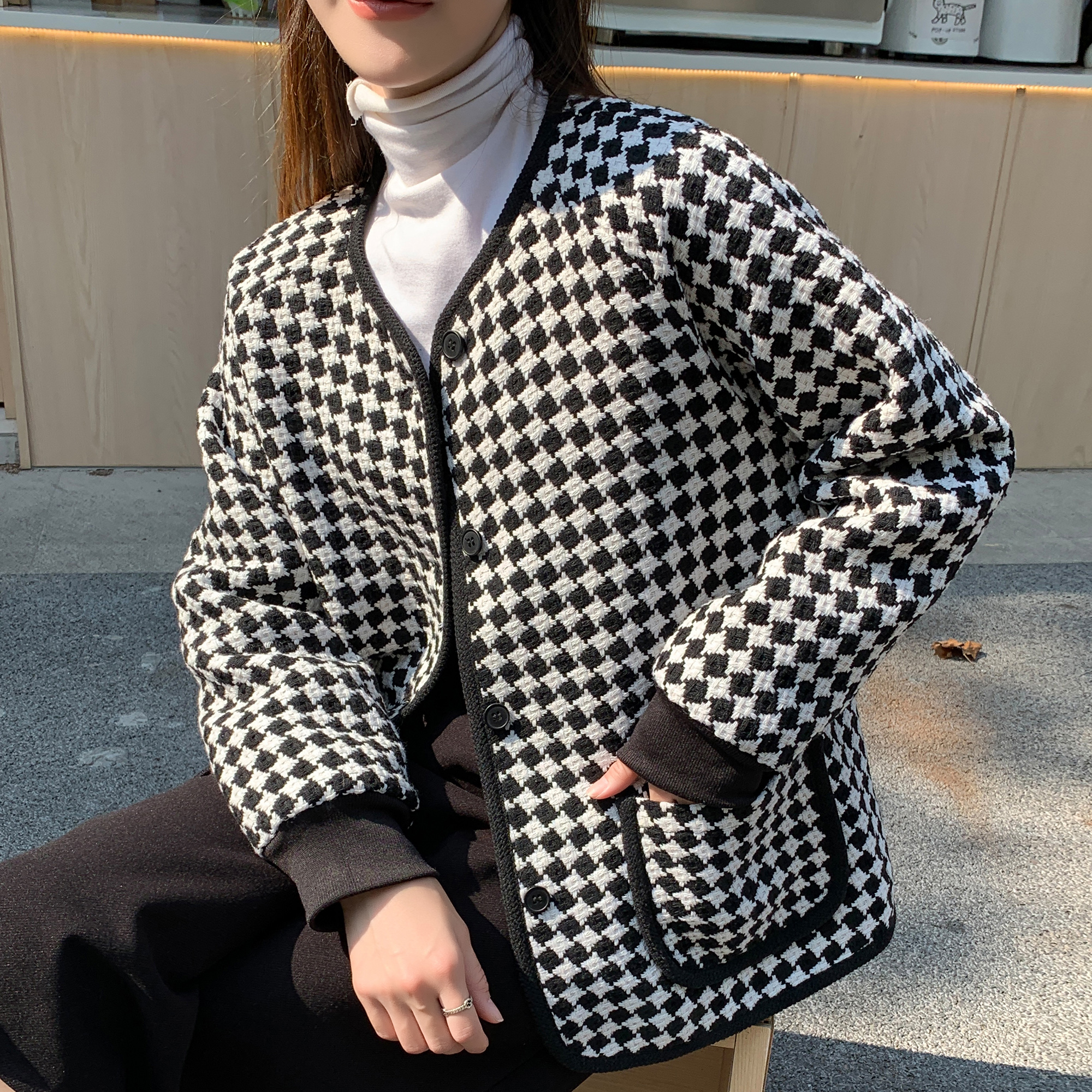 7625#秋冬季新款小香风外套女短款千鸟格高级感宽松加棉短外套上