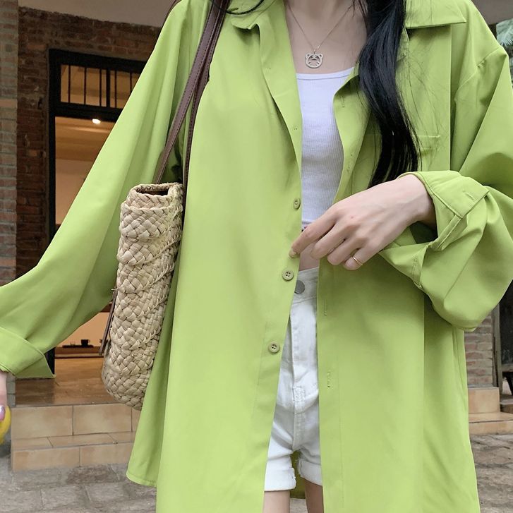 7309#GY夏季时尚衬衣女夏休闲宽松别致小个子长袖防晒衬衫外套