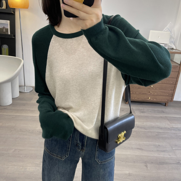 早秋超细羊毛插肩袖撞色长袖针织衫女秋冬新款内搭打底衫上衣毛衣