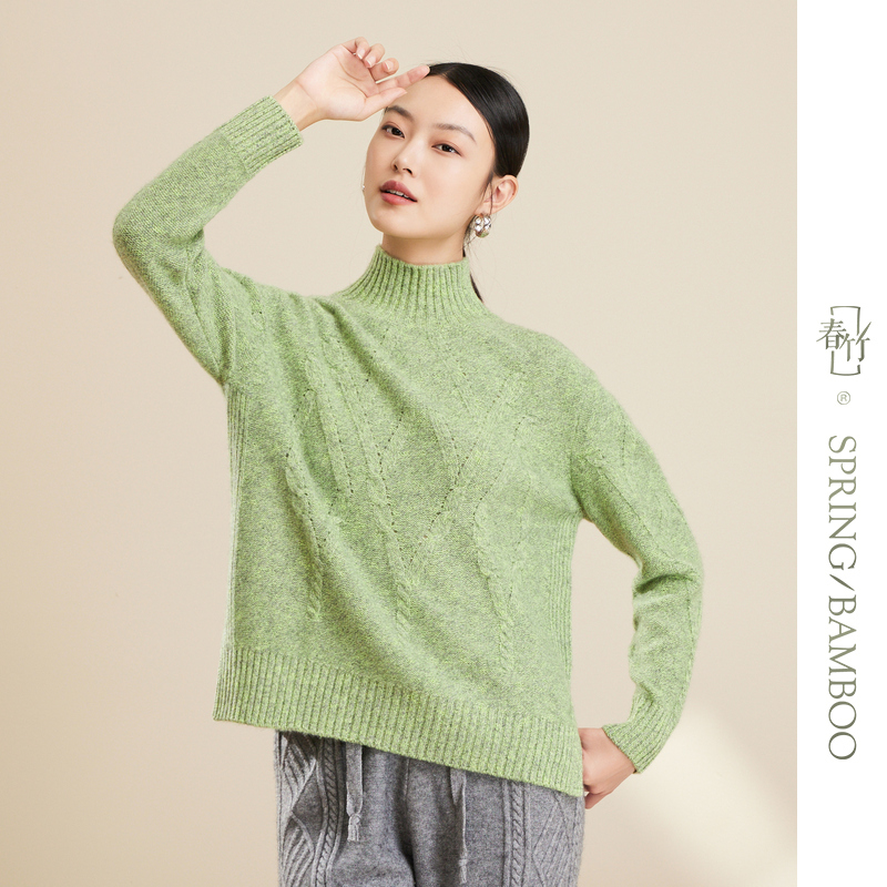 春竹2023年秋冬新款山羊绒宽松保暖显瘦软糯风半高领厚款羊绒衫