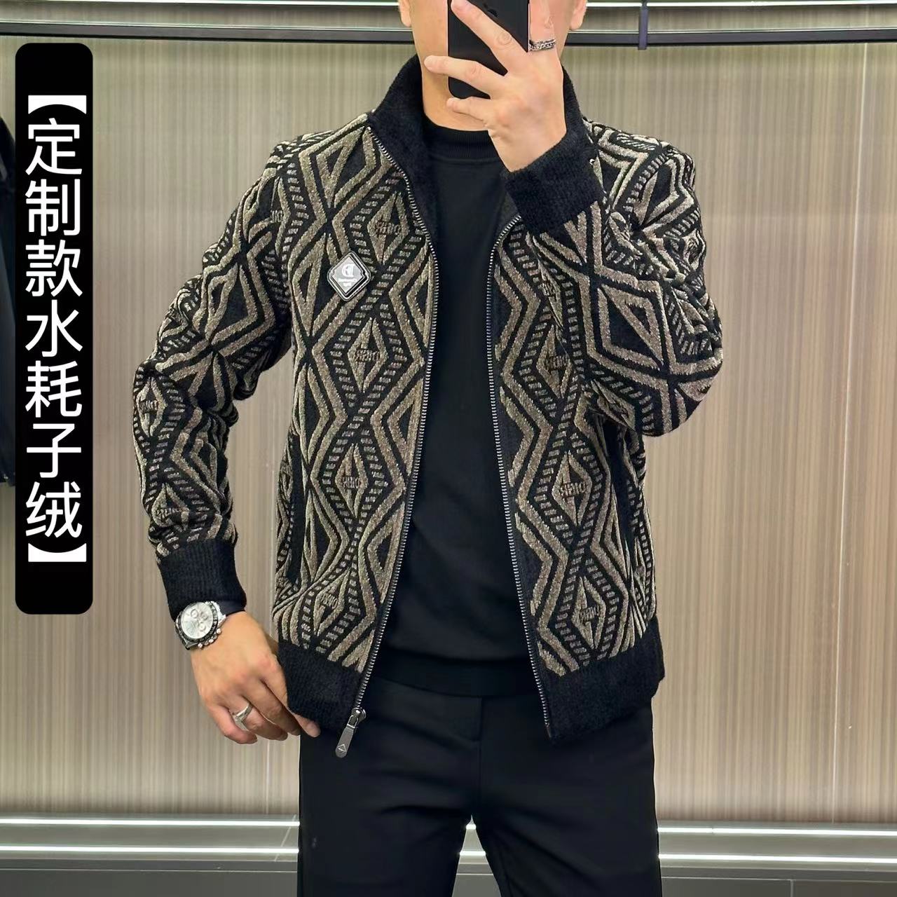 9176【定制款】男士欧货定制款水耗子容提花配皮标立领夹克