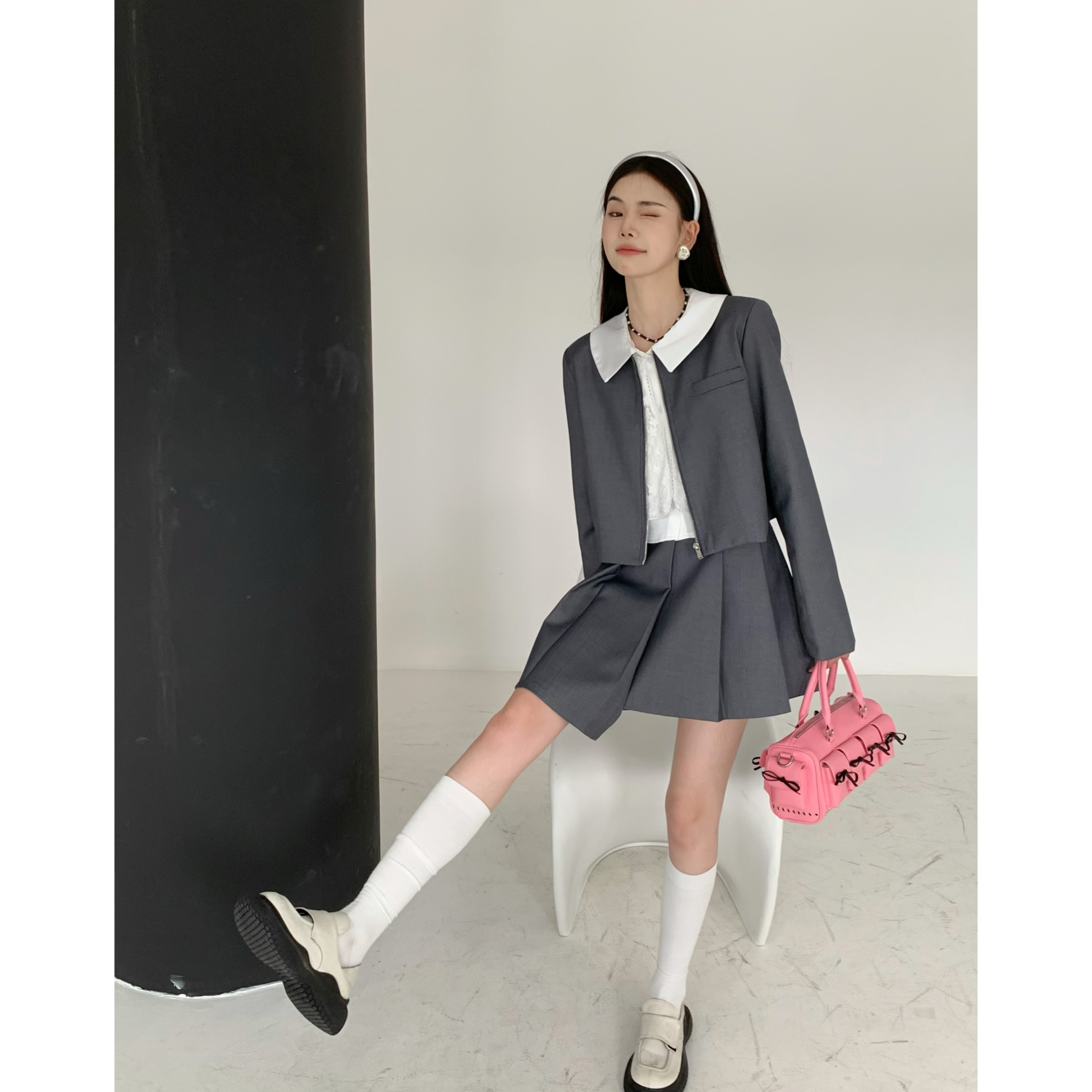 【秋季又上新啦！】1256小香风学院风拉链西装外套+不规则百褶半身裙