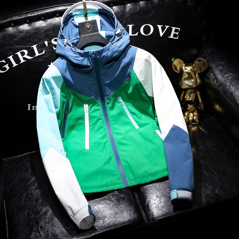 欧货连帽拼接夹克男秋冬新品美式潮牌男装高档防水拼色冲锋衣外套