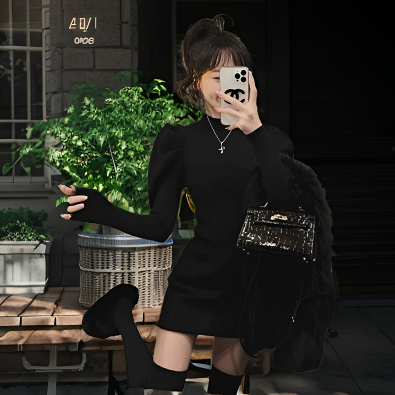 黑色时尚收腰名媛复古2023新款针织连衣裙秋冬半高领臀裙显廋裙子