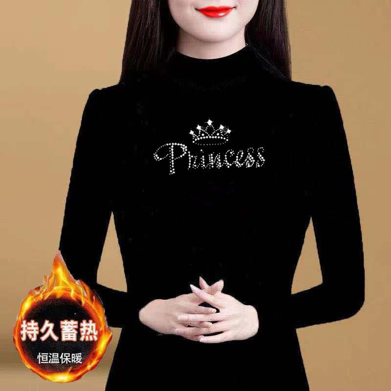 螺纹德绒加绒洋气烫钻打底衫2023弹性时尚紧身T恤女中年小衫潮