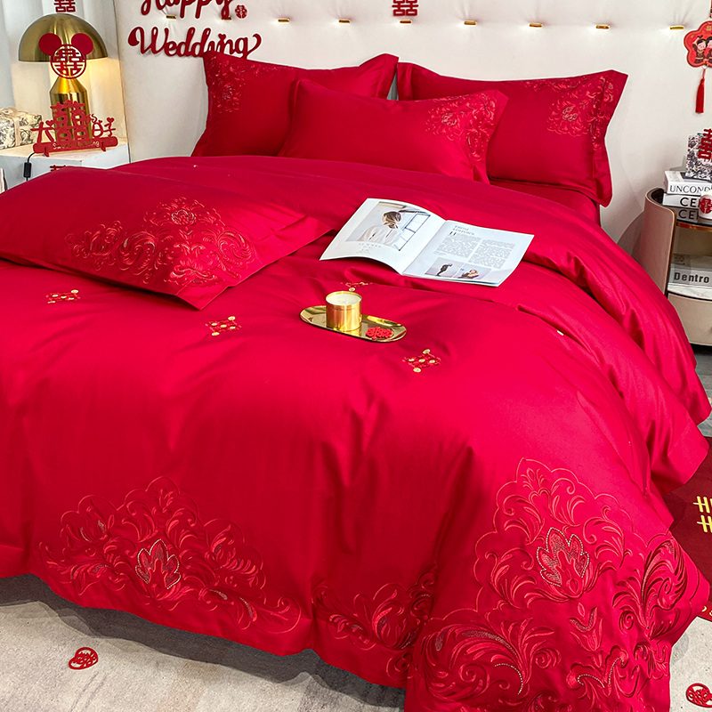 水星家纺高档中式刺绣全棉婚庆四件套大红色床单被套纯棉陪嫁结婚
