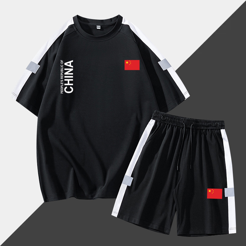 中国队运动套装男女情侣夏季田径跑步训练短袖短裤教练团体服定制