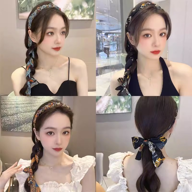 非金属布艺发饰 夏季发箍发带一体系带女网红头箍复丝巾扎头绳