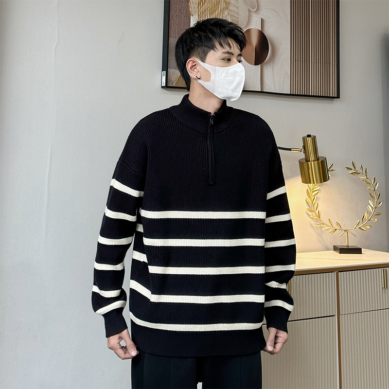 半拉链条纹毛衣男立领秋冬新款慵懒高级感宽松套头休闲外穿针织衫