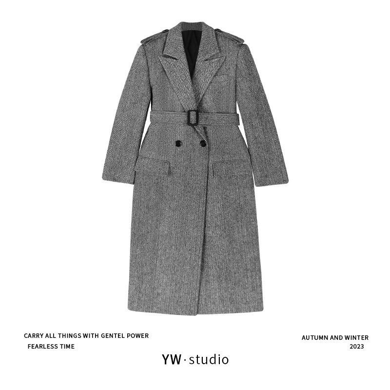 YUWEI/定制  时尚经典简约人字斜纹100%羊毛肩袢鹅绒大衣CYPN2302