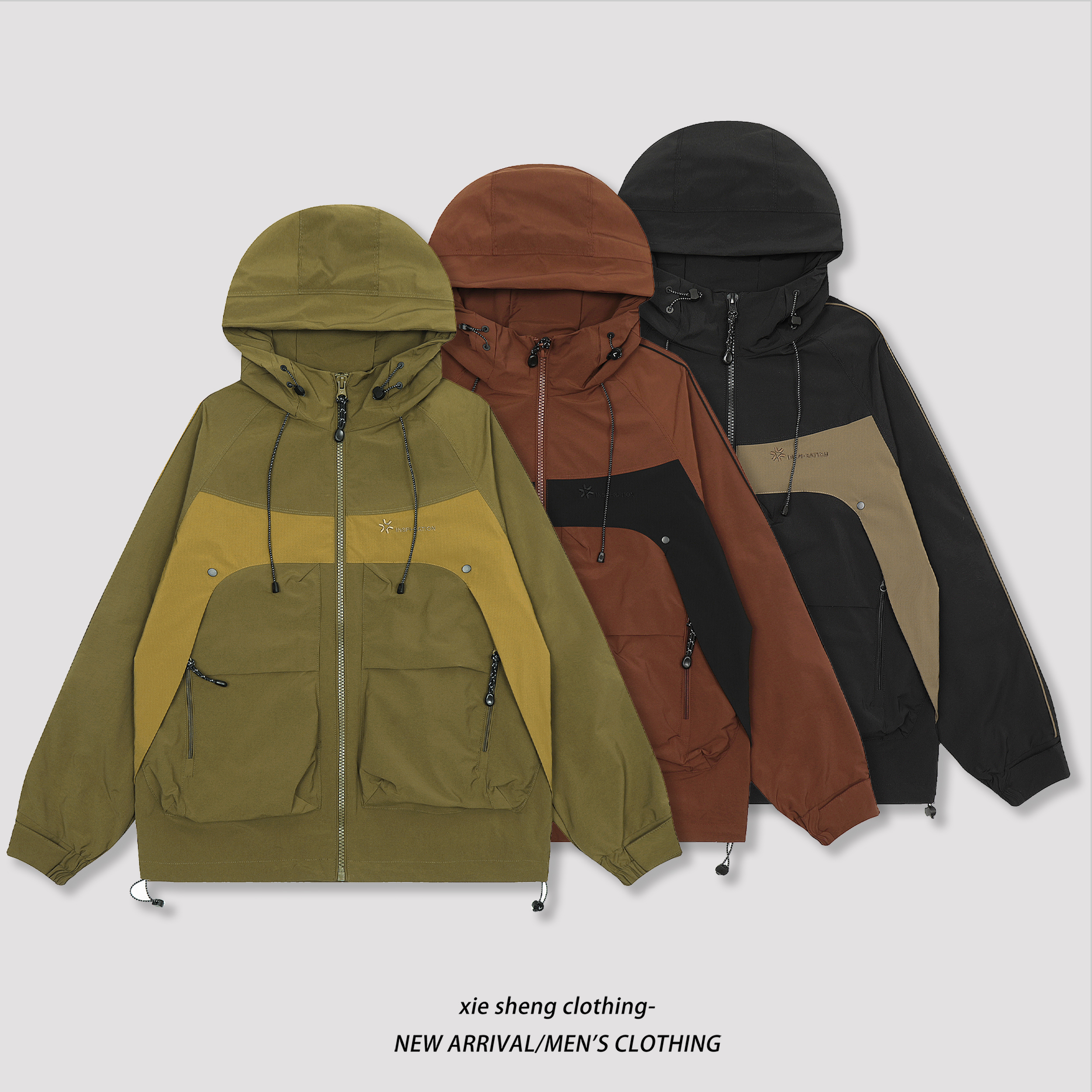 谢生严选【美式工装防水夹克】秋季连帽撞色运动休闲宽松外套#3117