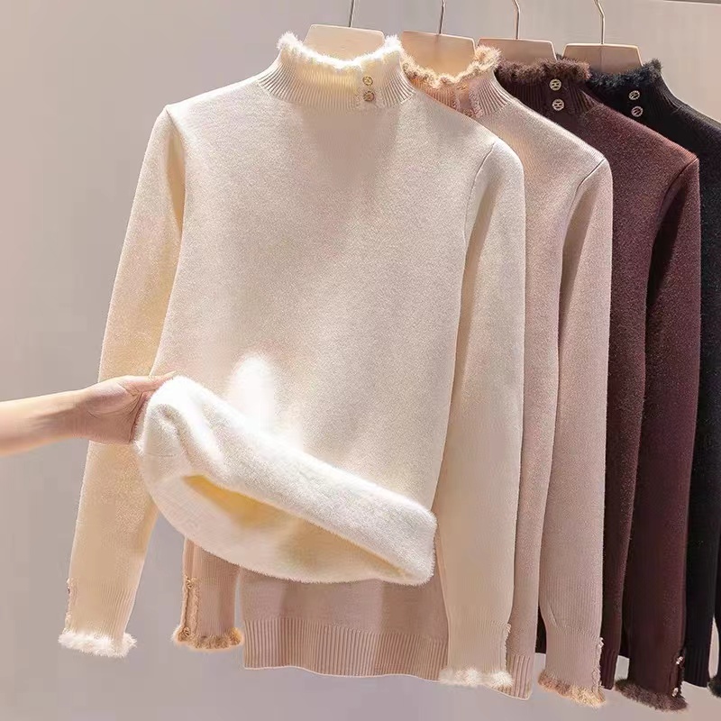 2023冬季新款半高领一体绒加厚加绒显瘦百搭保暖针织打底衫上衣女