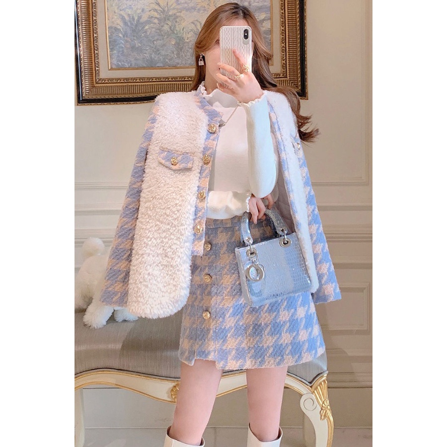 2023秋冬新款夹棉加厚「北海道奶盐系」韩版千鸟格高腰包臀裙套装