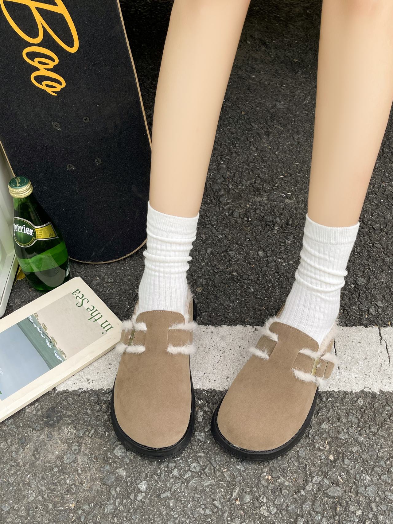 洋气加绒勃肯鞋女2023秋冬新款百搭半拖毛毛鞋平底保暖包头半拖鞋