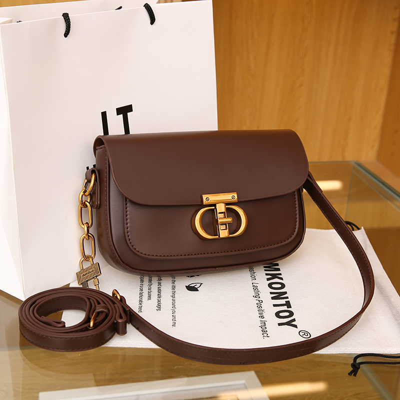 时尚百搭女小众腋下单减肩小方包1003咖色简约潮流经典马鞍链条包